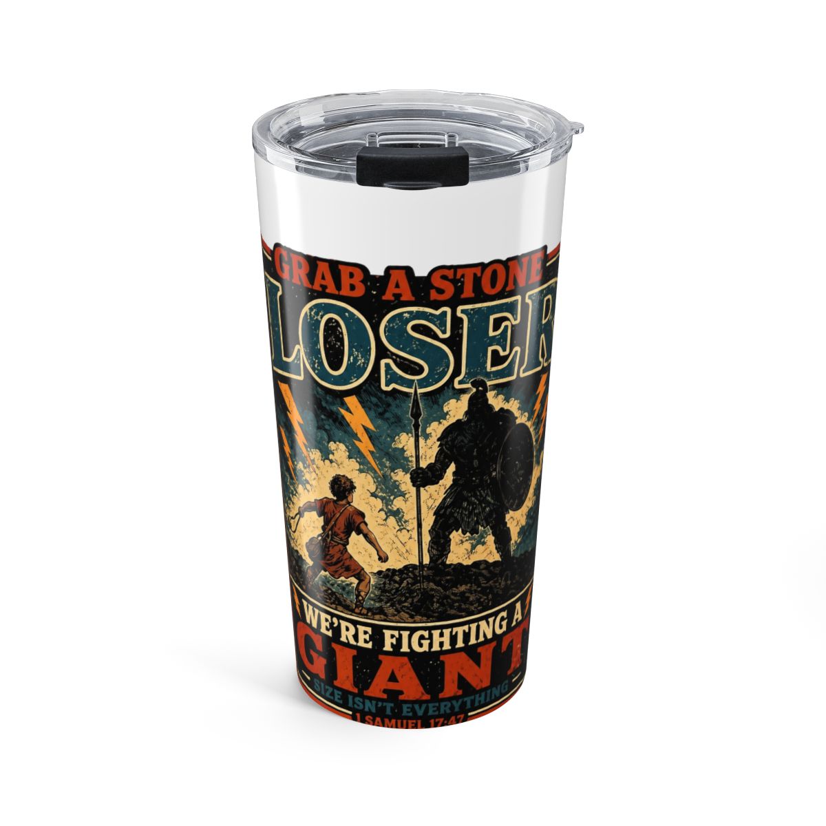 Grab a Stone Loser David Goliath Funny Christian Stainless Steel Insulated Tumbler | DavsD - alternate angle 1, merchandise