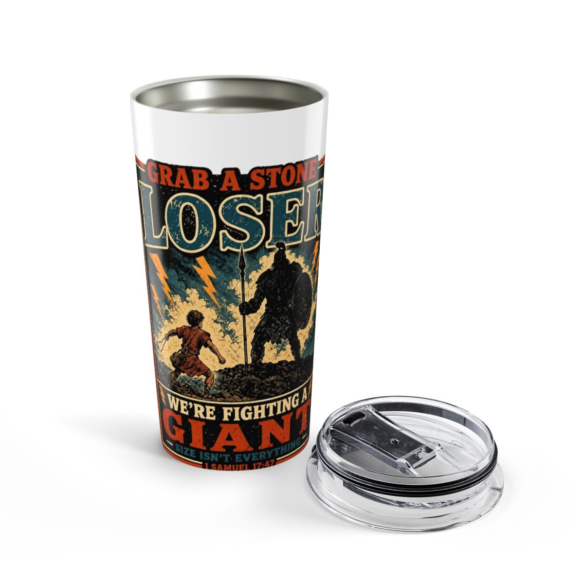 Grab a Stone Loser David Goliath Funny Christian Stainless Steel Insulated Tumbler | DavsD - alternate angle 4, merchandise